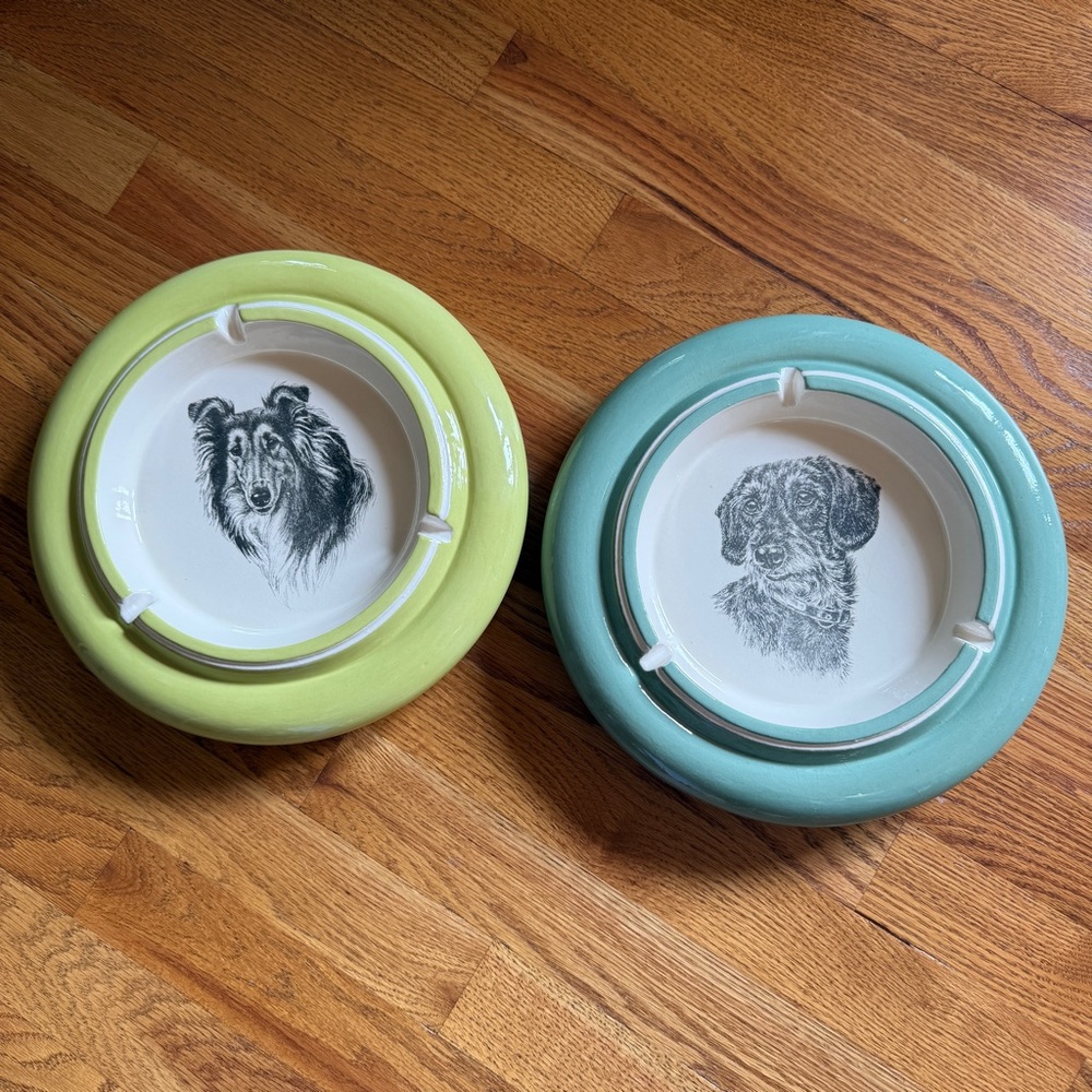 Vintage Set of 2 11” Signed J.R. Dietrich Ceramic Dog Catchall Trays / Ashtrays